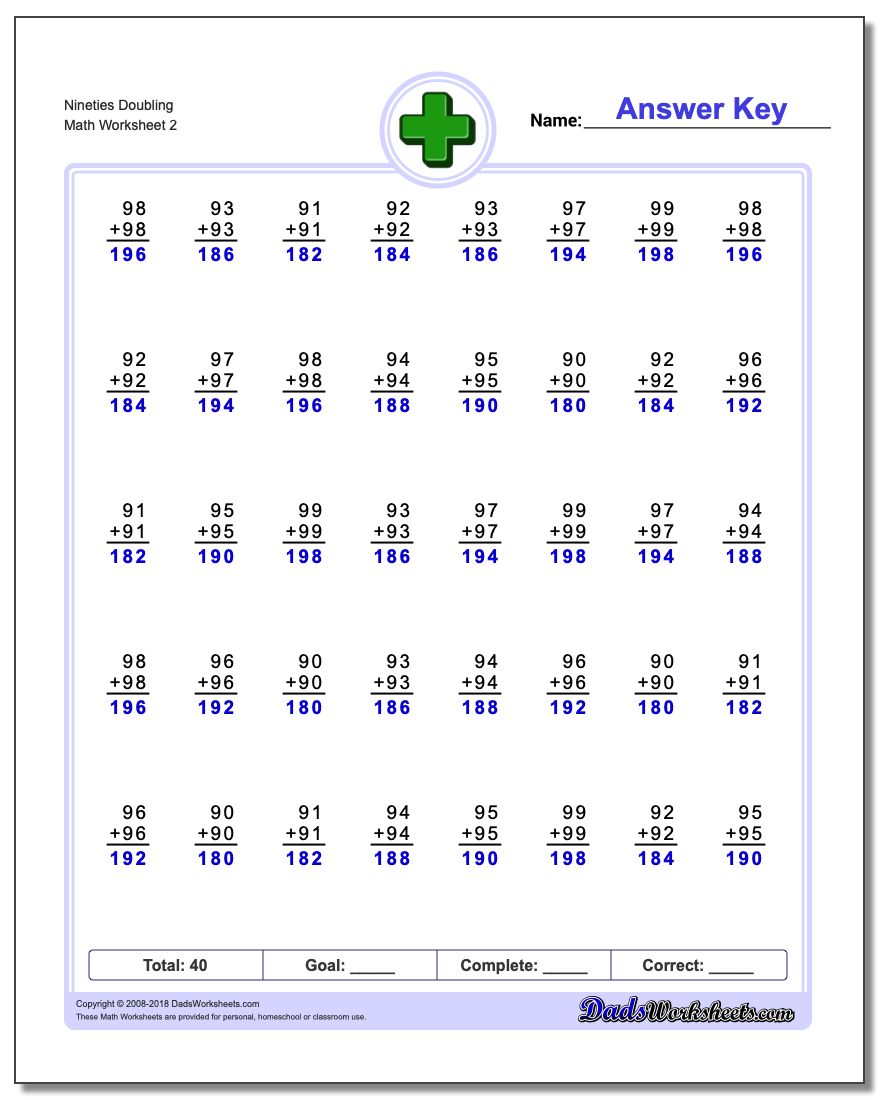 Nineties Doubling www.dadsworksheets.com/worksheets/addition.html Worksheet