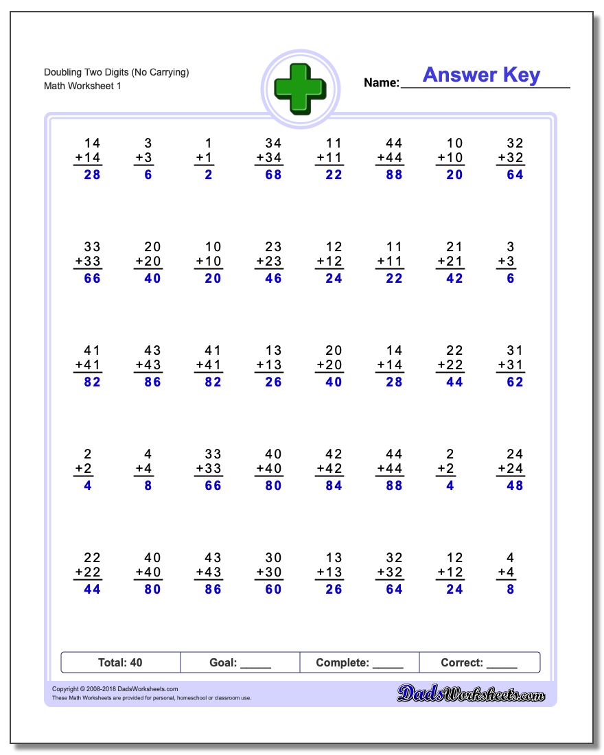 Doubling Two Digits (No Carrying) Addition Worksheet