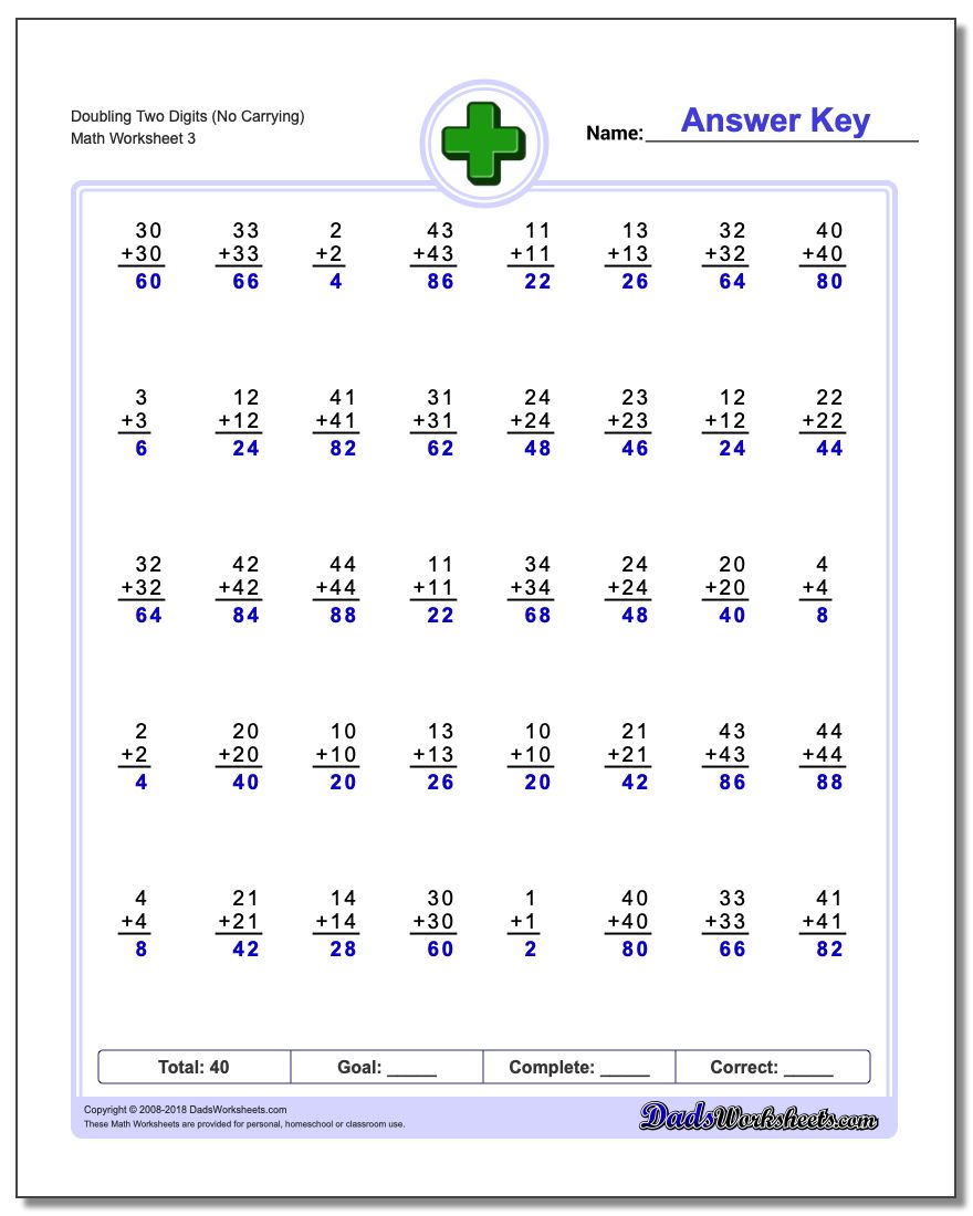 Doubling Two Digits (No Carrying) Worksheet