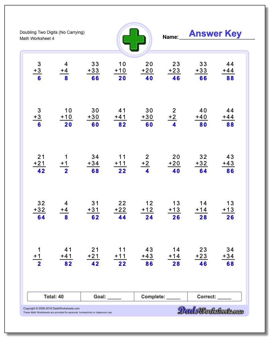 Doubling Two Digits (No Carrying) Worksheet