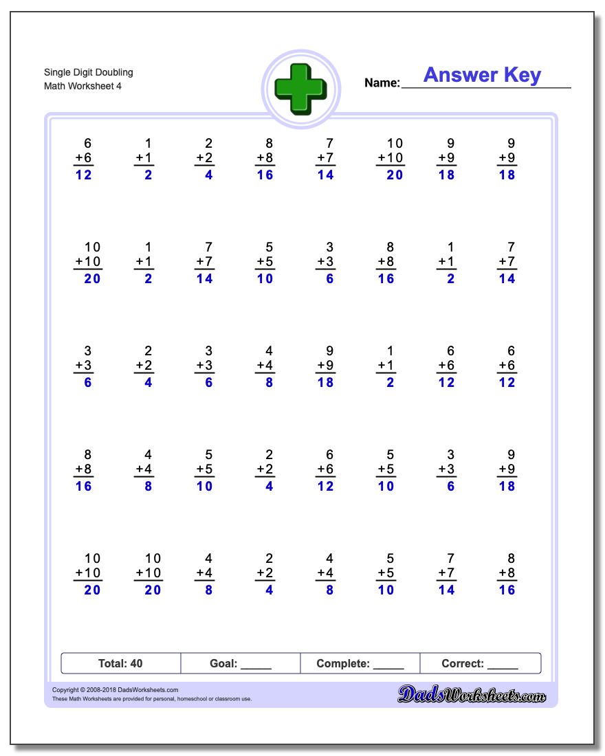 Single Digit Doubling Worksheet