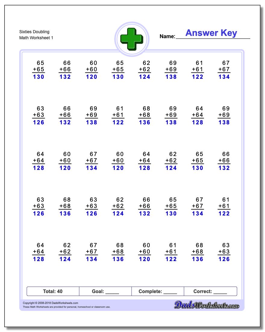 Sixties Doubling Addition Worksheet