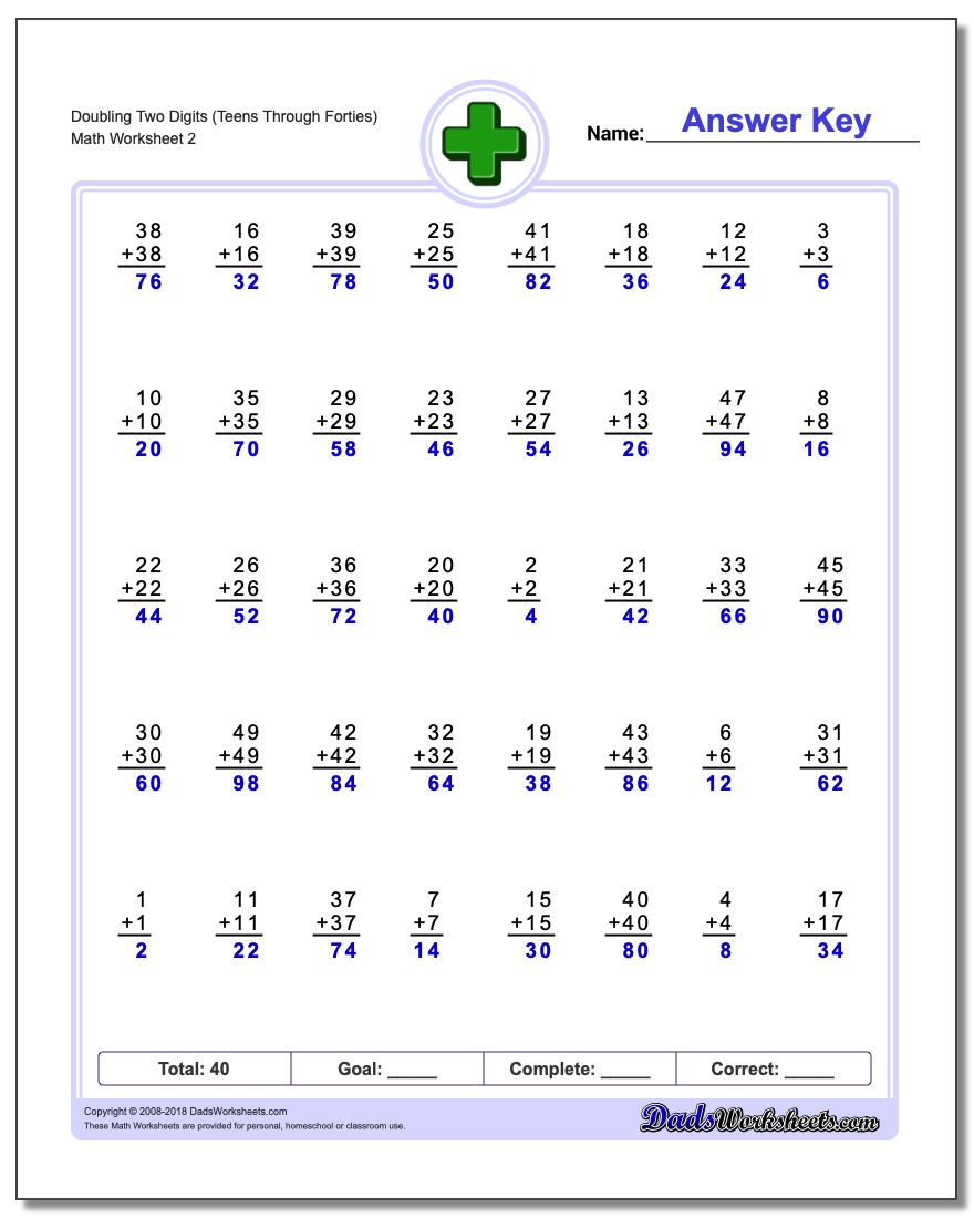 Doubling Two Digits (Teens Through Forties) www.dadsworksheets.com/worksheets/addition.html Worksheet