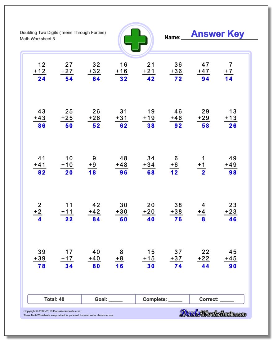 Doubling Two Digits (Teens Through Forties) Worksheet