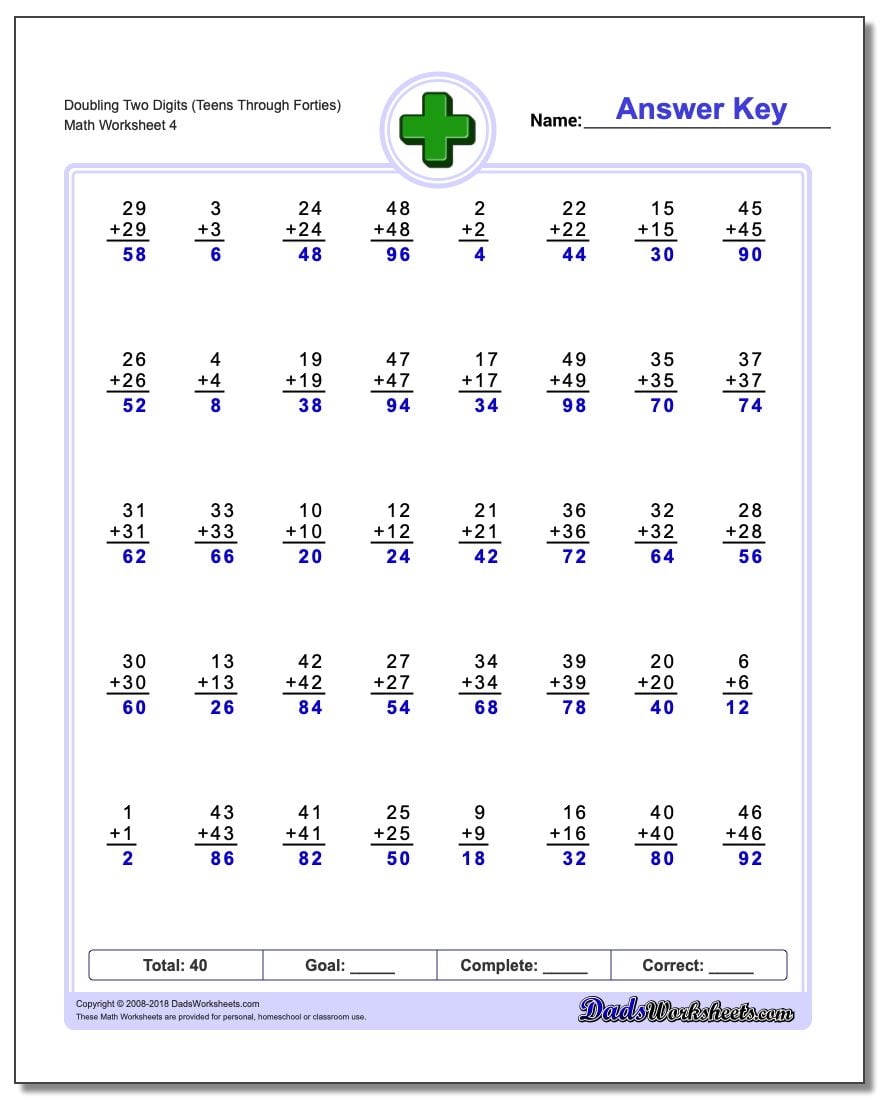 Doubling Two Digits (Teens Through Forties) Worksheet