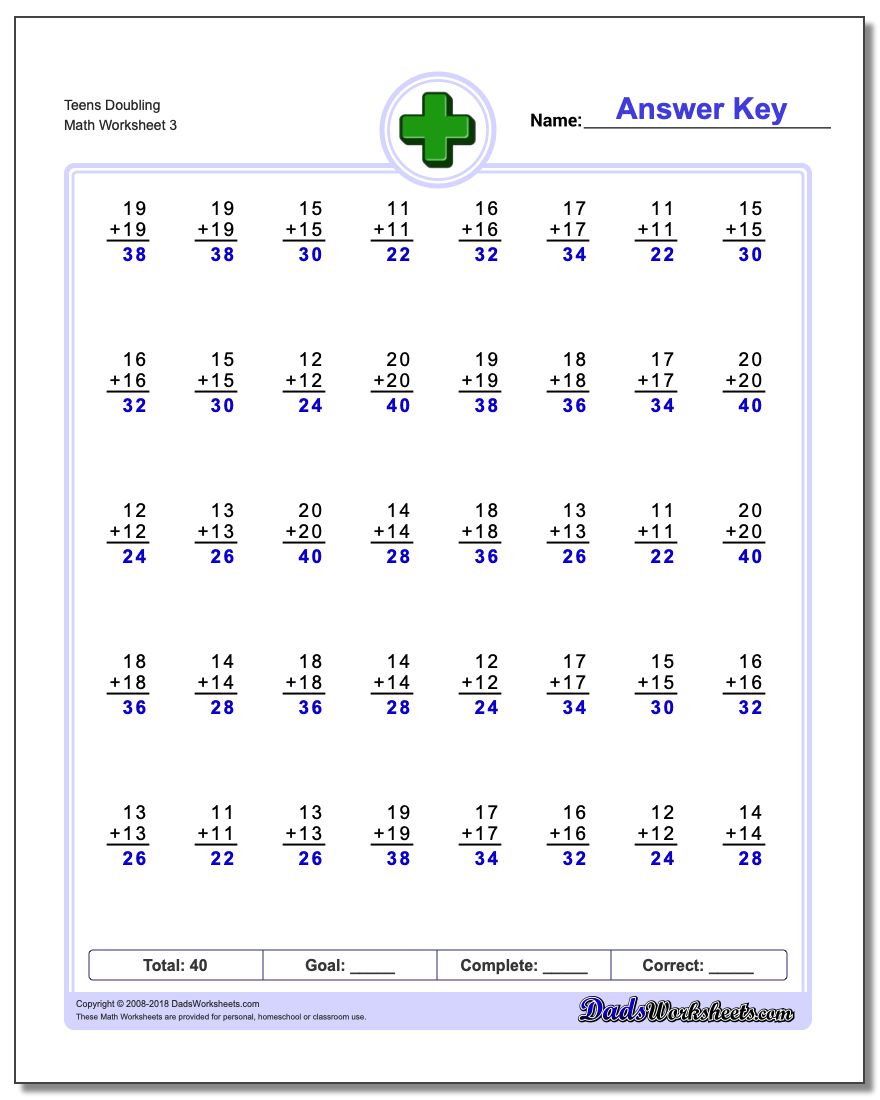 Teens Doubling Worksheet