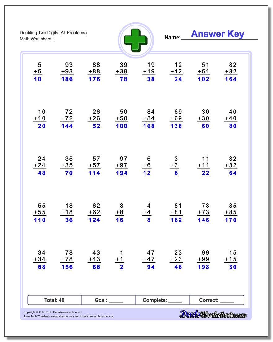 Doubling Two Digits (All Problems) Addition Worksheet