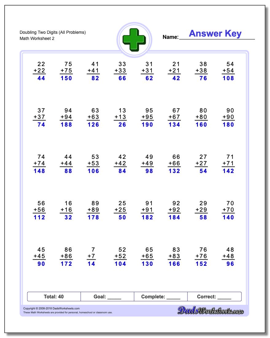 Doubling Two Digits (All Problems Worksheet) www.dadsworksheets.com/worksheets/addition.html