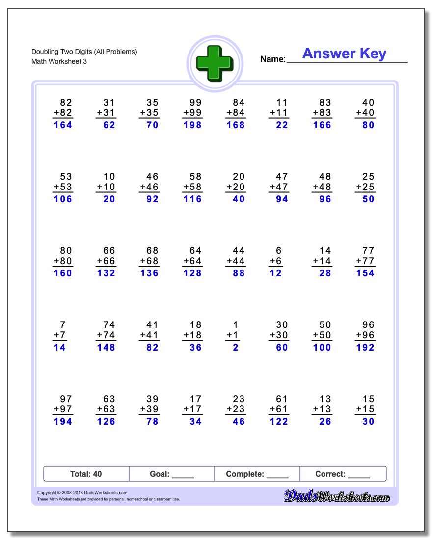 Doubling Two Digits (All Problems Worksheet)