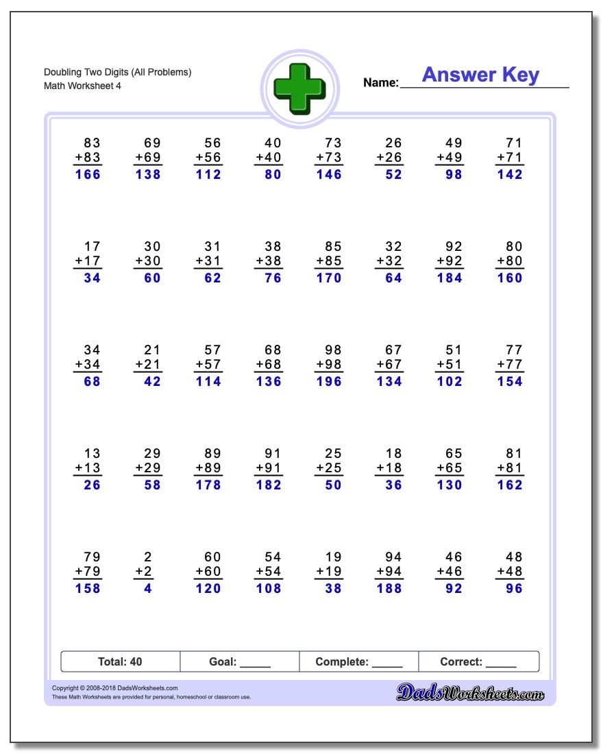 Doubling Two Digits (All Problems Worksheet)