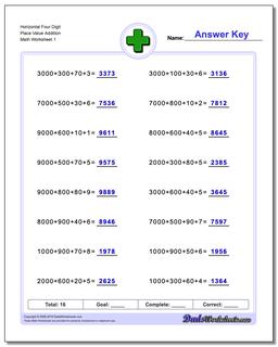 Addition Worksheet Horizontal Four Digit Place Value