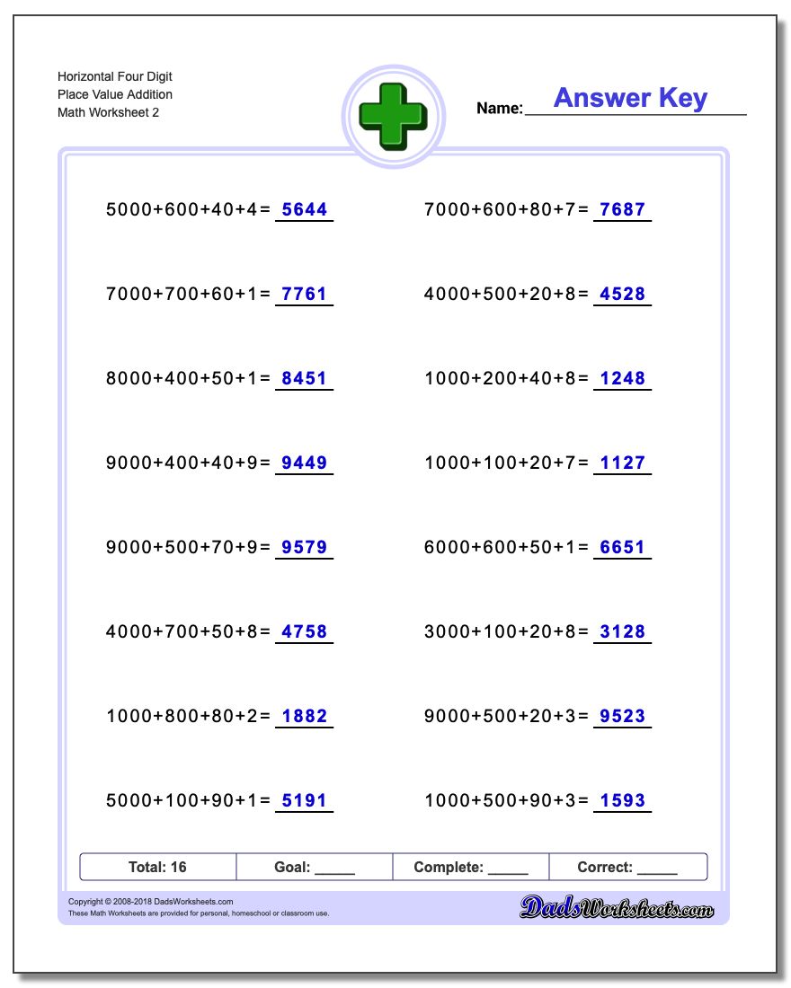Horizontal Four Digit Place Value Addition Worksheet www.dadsworksheets.com/worksheets/addition.html