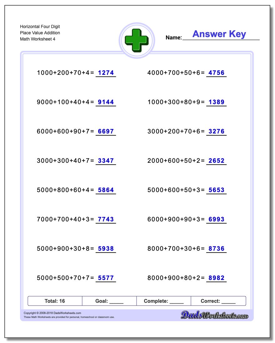 Horizontal Four Digit Place Value Addition Worksheet