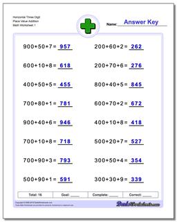 Addition Worksheet Horizontal Three Digit Place Value