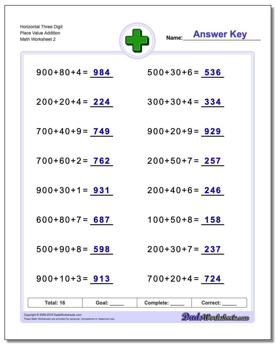 Place Value Addition Worksheets