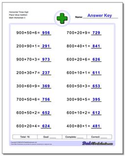 Horizontal Three Digit Place Value Addition Worksheet