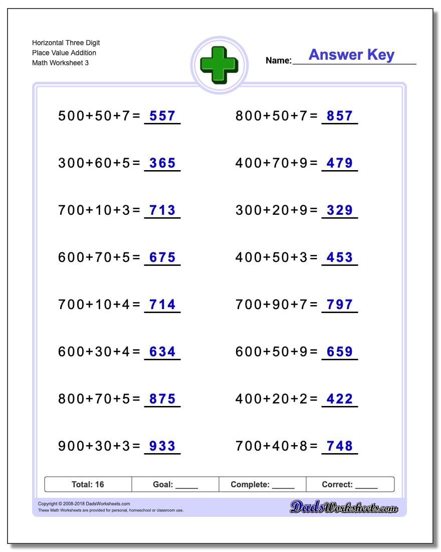 Place Value Addition Worksheets