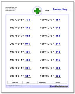 Horizontal Three Digit Place Value Addition Worksheet