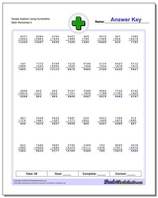 Addition Worksheets: Addition with Decimals
