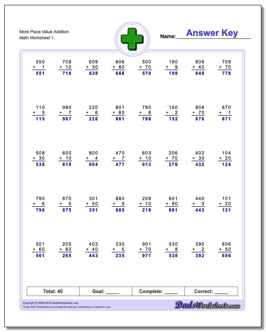 Place Value Addition Worksheets