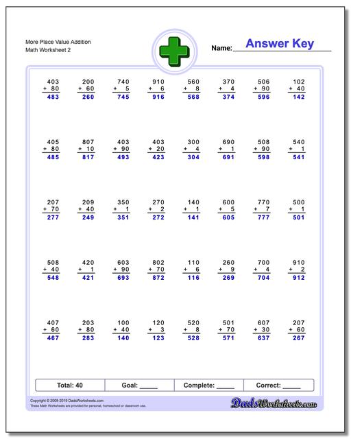 Place Value Addition Worksheets
