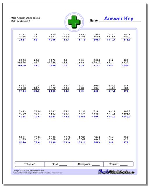 Addition Worksheets: Addition with Decimals