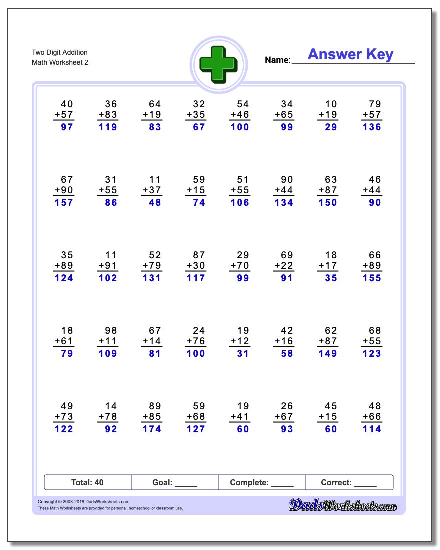 Two Digit Addition Worksheet www.dadsworksheets.com/worksheets/addition.html