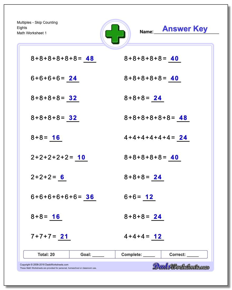 MultiplesSkip Counting Eights Addition Worksheet
