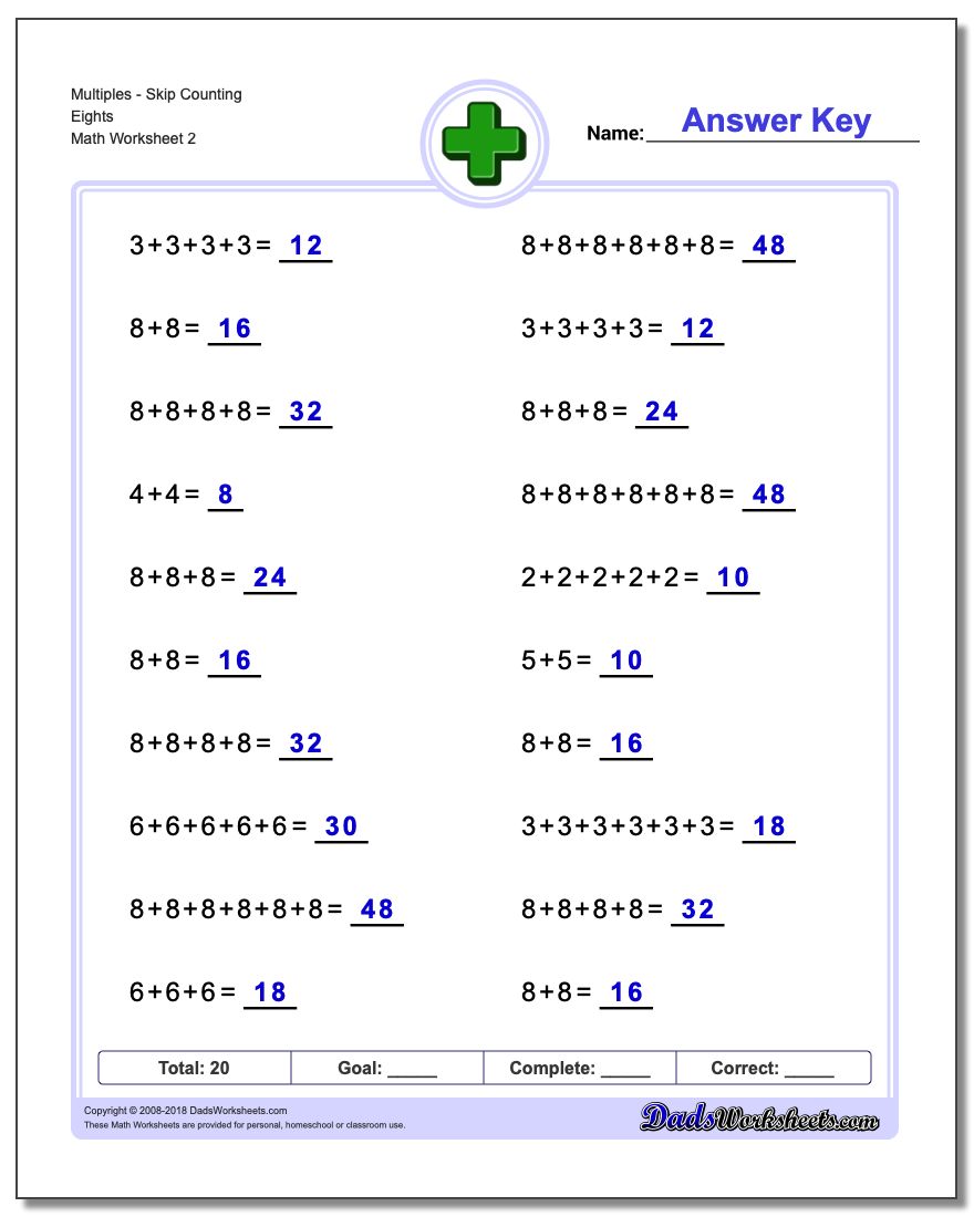 MultiplesSkip Counting Eights www.dadsworksheets.com/worksheets/addition.html Worksheet