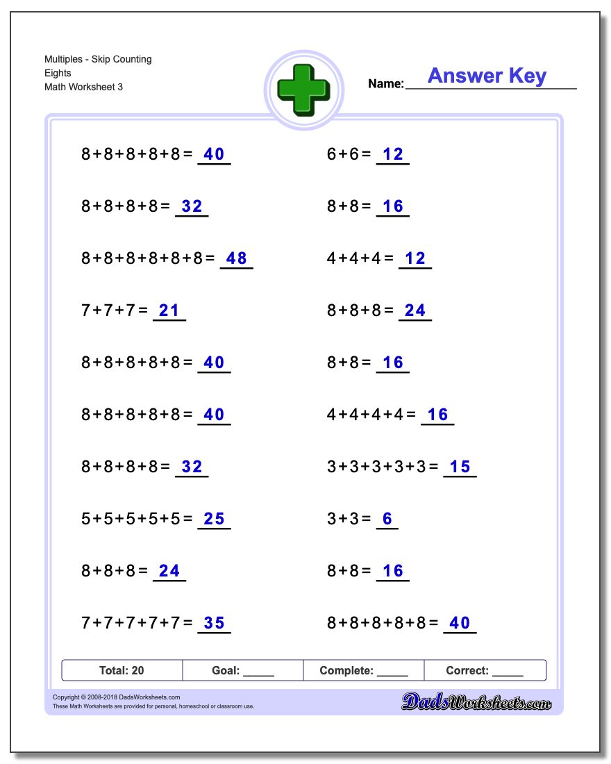 MultiplesSkip Counting Eights Worksheet