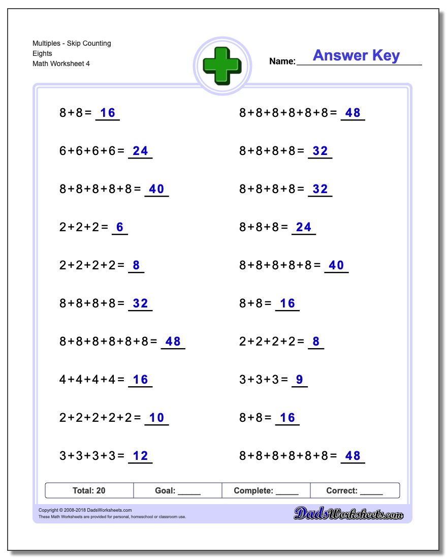 MultiplesSkip Counting Eights Worksheet