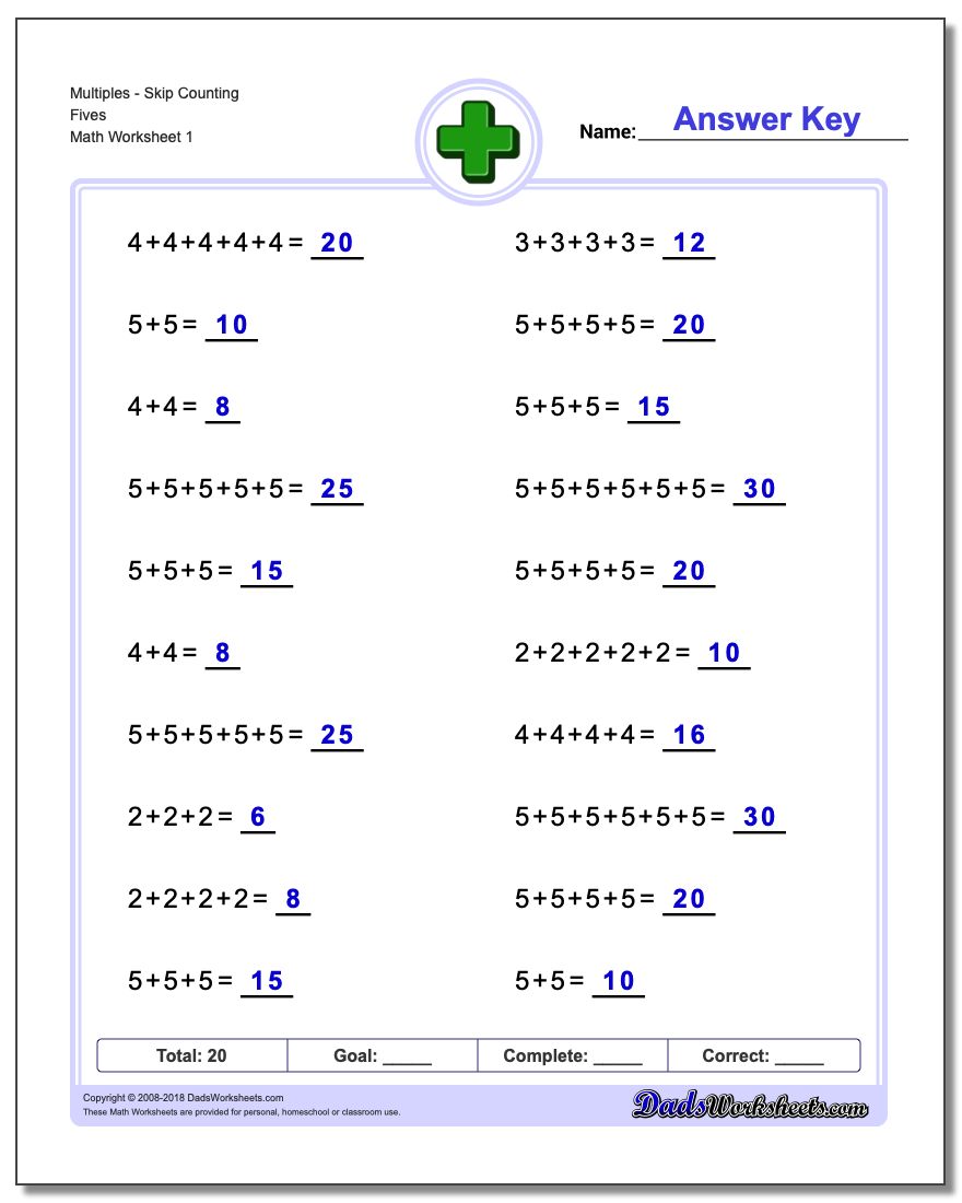 MultiplesSkip Counting Fives Addition Worksheet