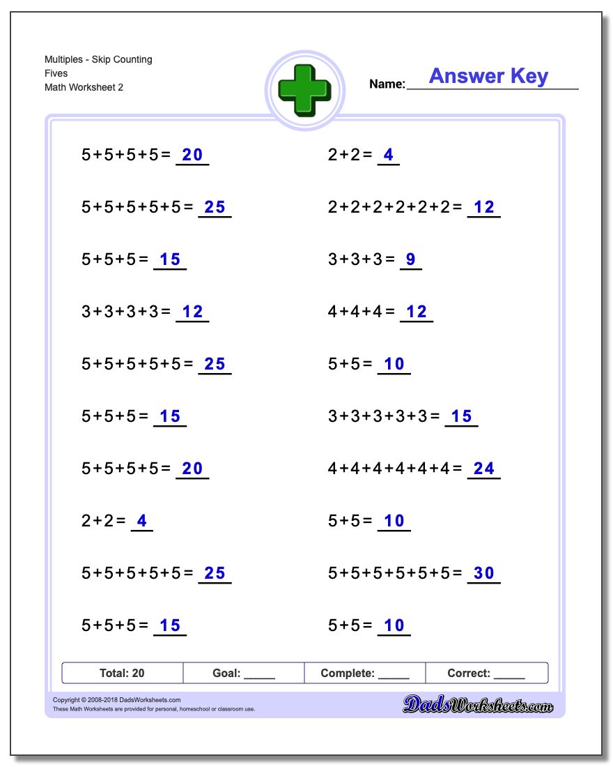 MultiplesSkip Counting Fives www.dadsworksheets.com/worksheets/addition.html Worksheet