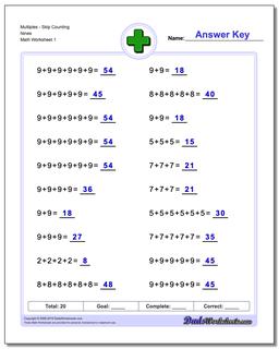 MultiplesSkip Counting Nines Addition Worksheet