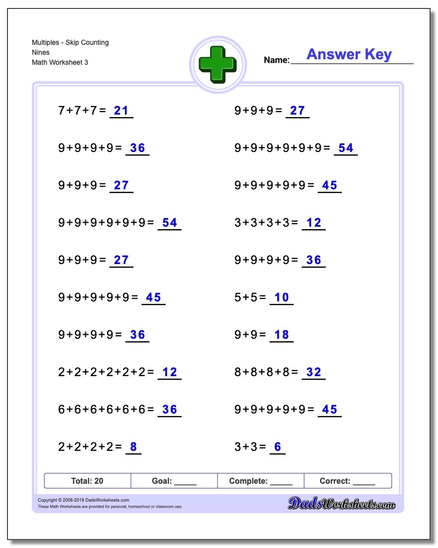 MultiplesSkip Counting Nines Worksheet