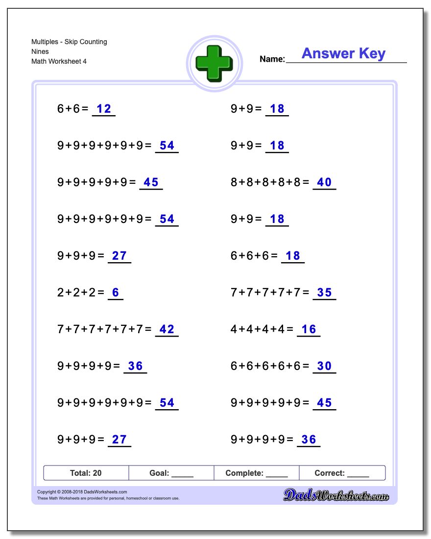 MultiplesSkip Counting Nines Worksheet