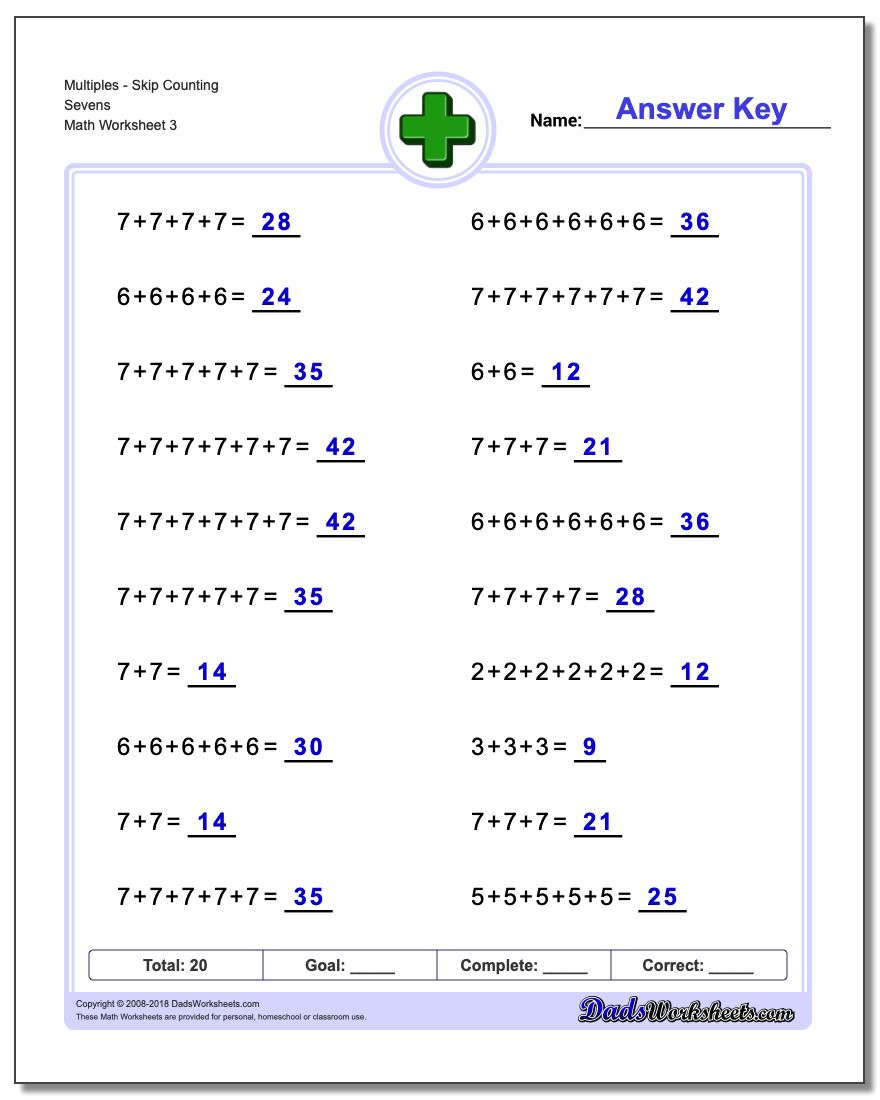 MultiplesSkip Counting Sevens Worksheet