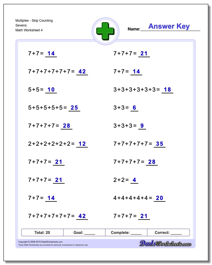MultiplesSkip Counting Sevens Worksheet