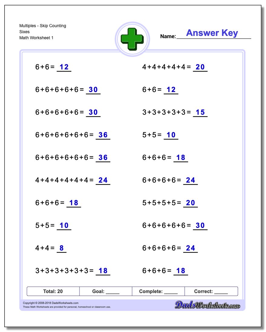 MultiplesSkip Counting Sixes Addition Worksheet
