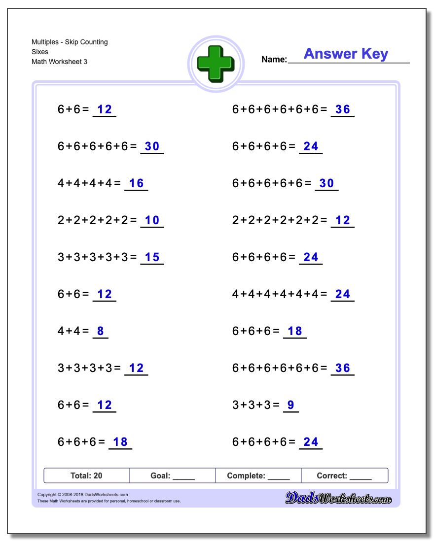 MultiplesSkip Counting Sixes Worksheet