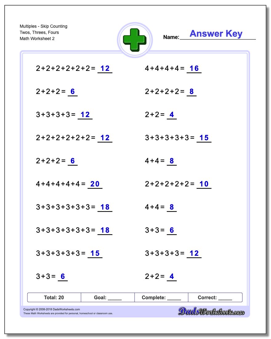 MultiplesSkip Counting Twos, Threes, Fours www.dadsworksheets.com/worksheets/addition.html Worksheet