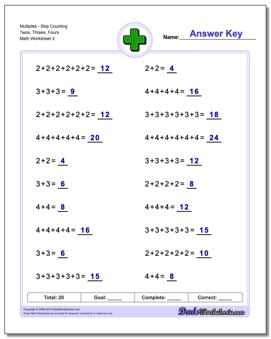 MultiplesSkip Counting Twos, Threes, Fours Worksheet