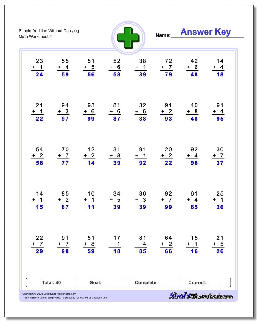 Addition Without Regrouping Worksheets