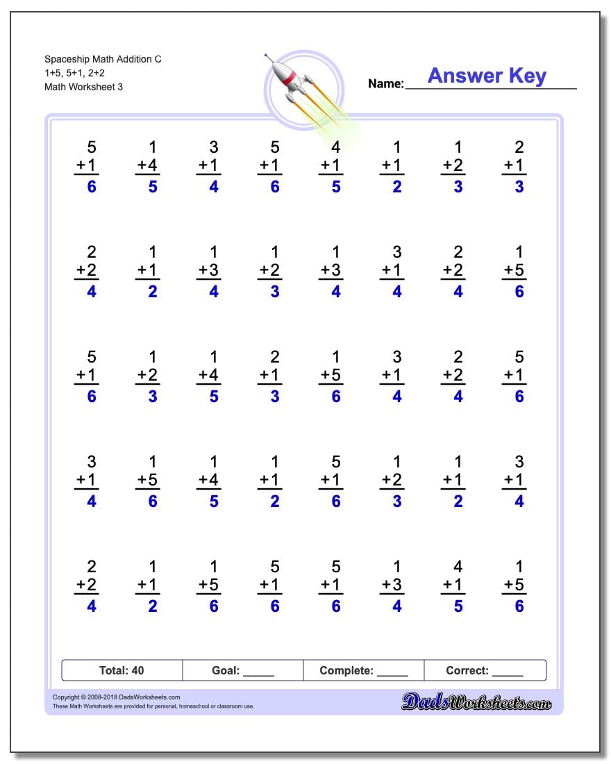 Spaceship Math Addition Worksheet C 1+5, 5+1, 2+2
