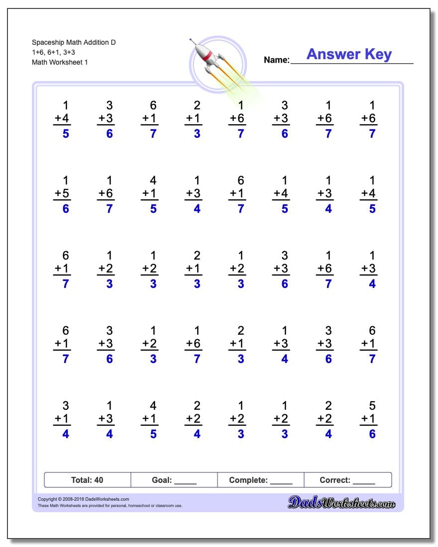 Addition Worksheet Spaceship Math D 1+6, 6+1, 3+3