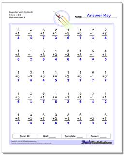 Spaceship Math Addition Worksheet D 1+6, 6+1, 3+3