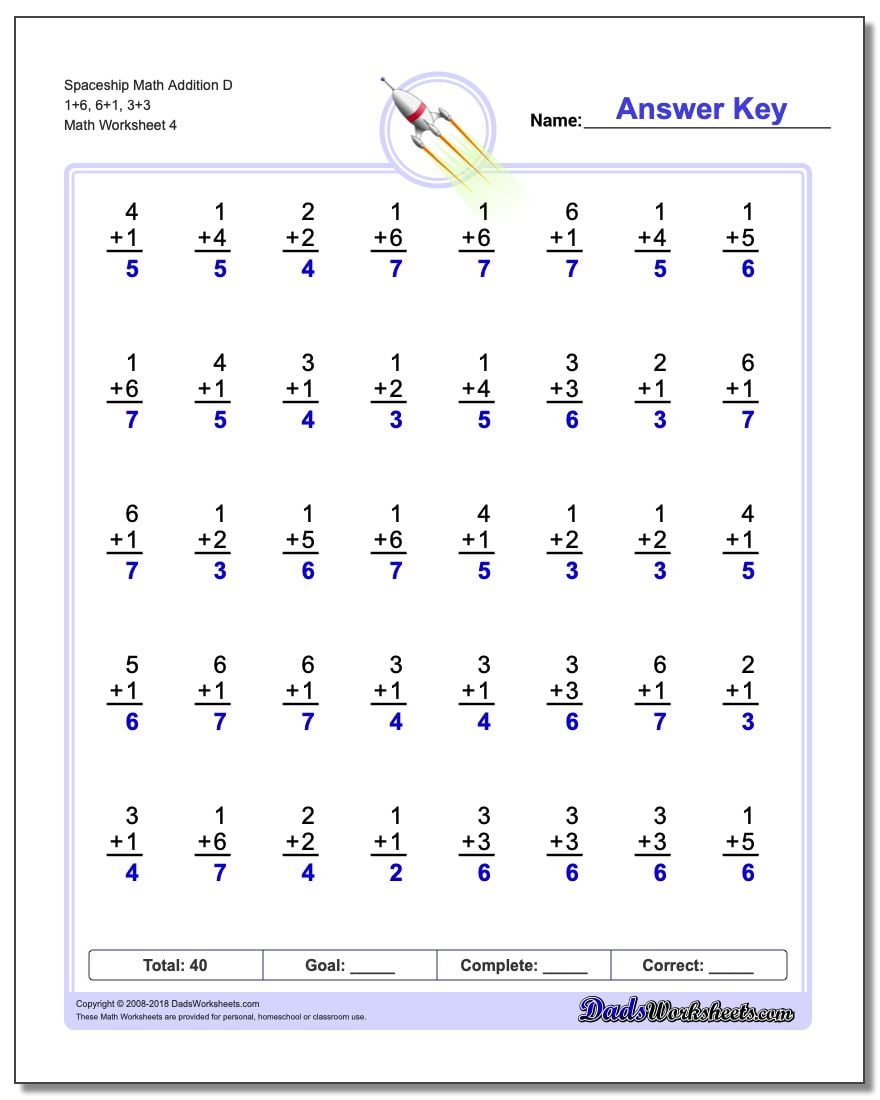 Spaceship Math Addition Worksheet D 1+6, 6+1, 3+3