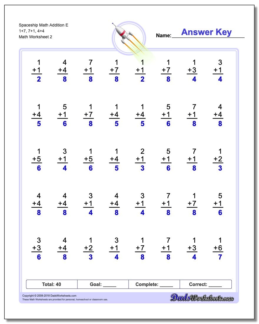 Spaceship Math Addition Worksheet E 1+7, 7+1, 4+4 www.dadsworksheets.com/worksheets/addition.html