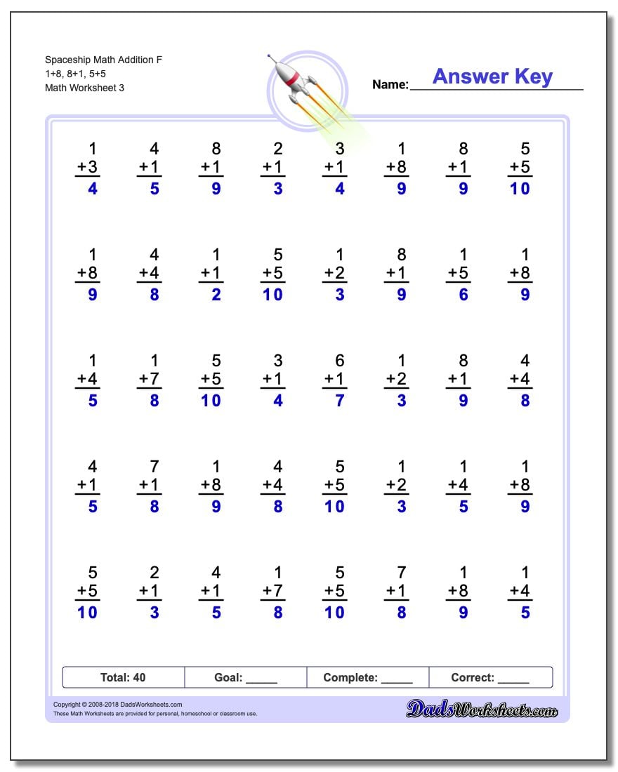 Spaceship Math Addition Worksheet F 1+8, 8+1, 5+5