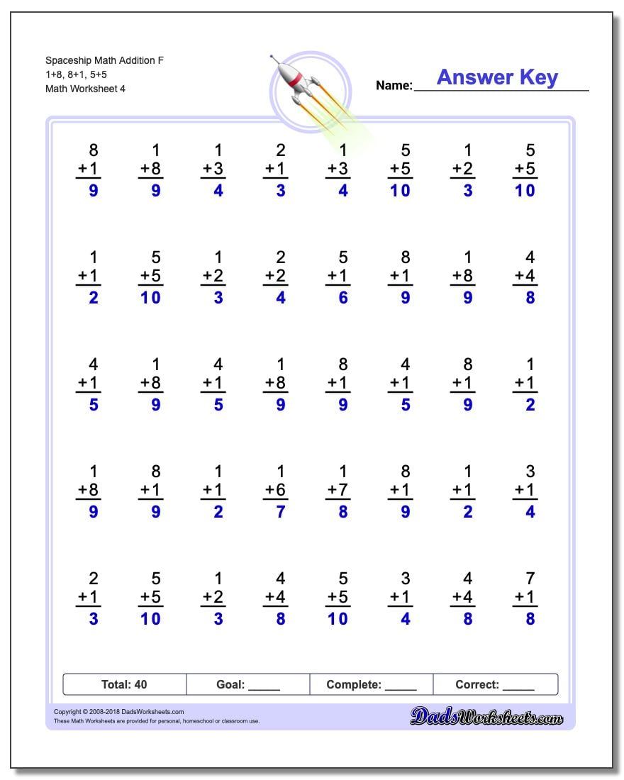 Spaceship Math Addition Worksheet F 1+8, 8+1, 5+5